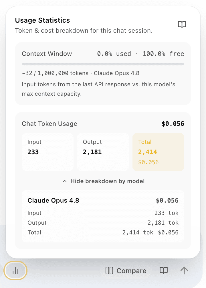 EidoStack Usage Statistics panel showing usage details inside a chat.