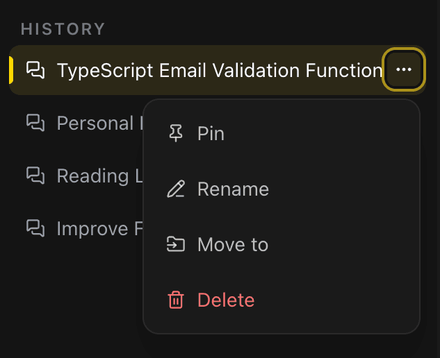 EidoStack chat options menu showing actions for organizing a chat.