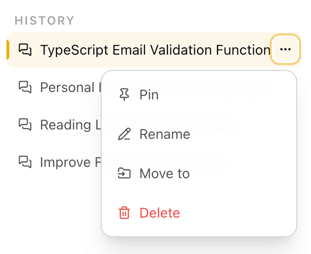 EidoStack chat options menu showing actions for organizing a chat.