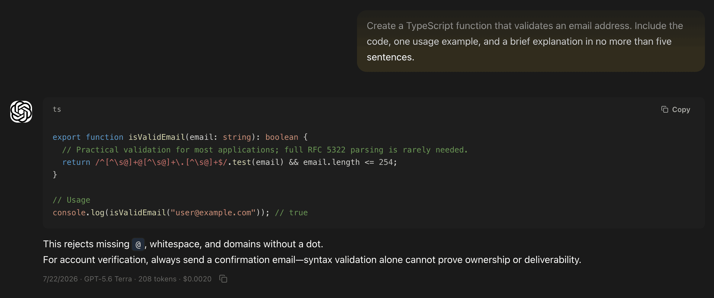 EidoStack chat response showing formatted assistant output, code, metadata, and hover controls.