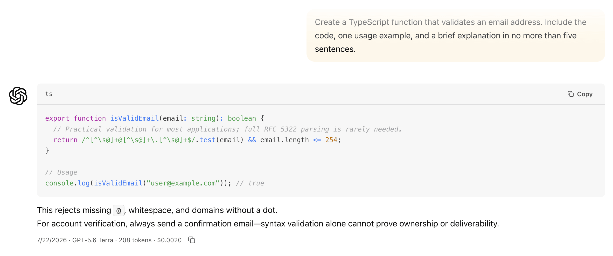 EidoStack chat response showing formatted assistant output, code, metadata, and hover controls.
