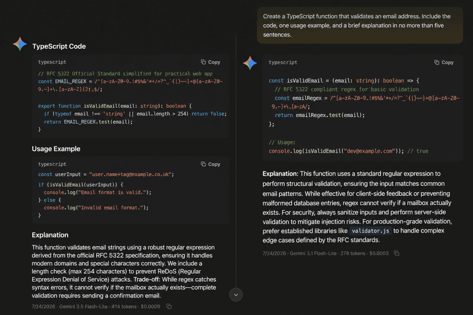 EidoStack comparison result showing two model responses streaming side by side.