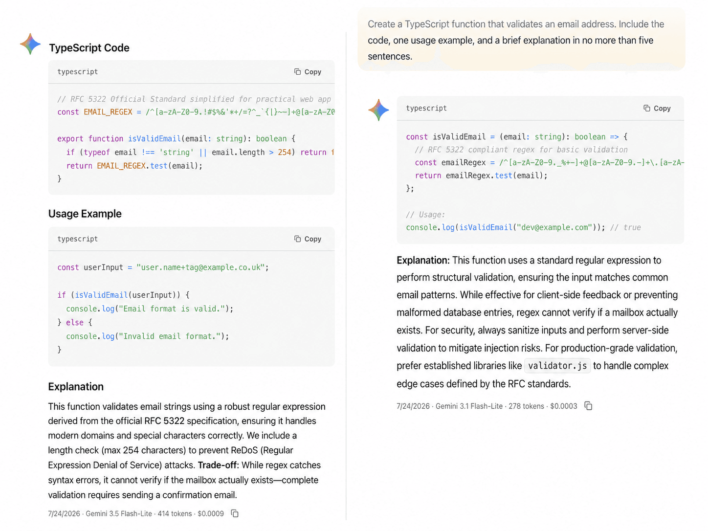 EidoStack comparison result showing two model responses streaming side by side.
