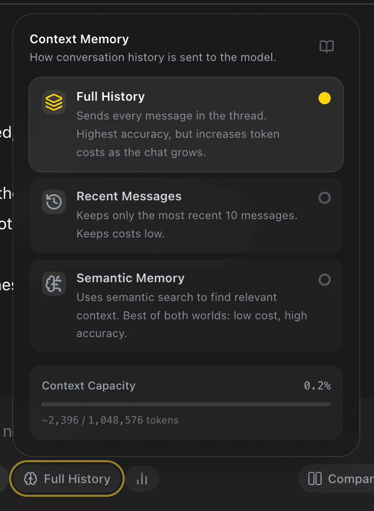EidoStack Context Memory popover showing Full History selected.