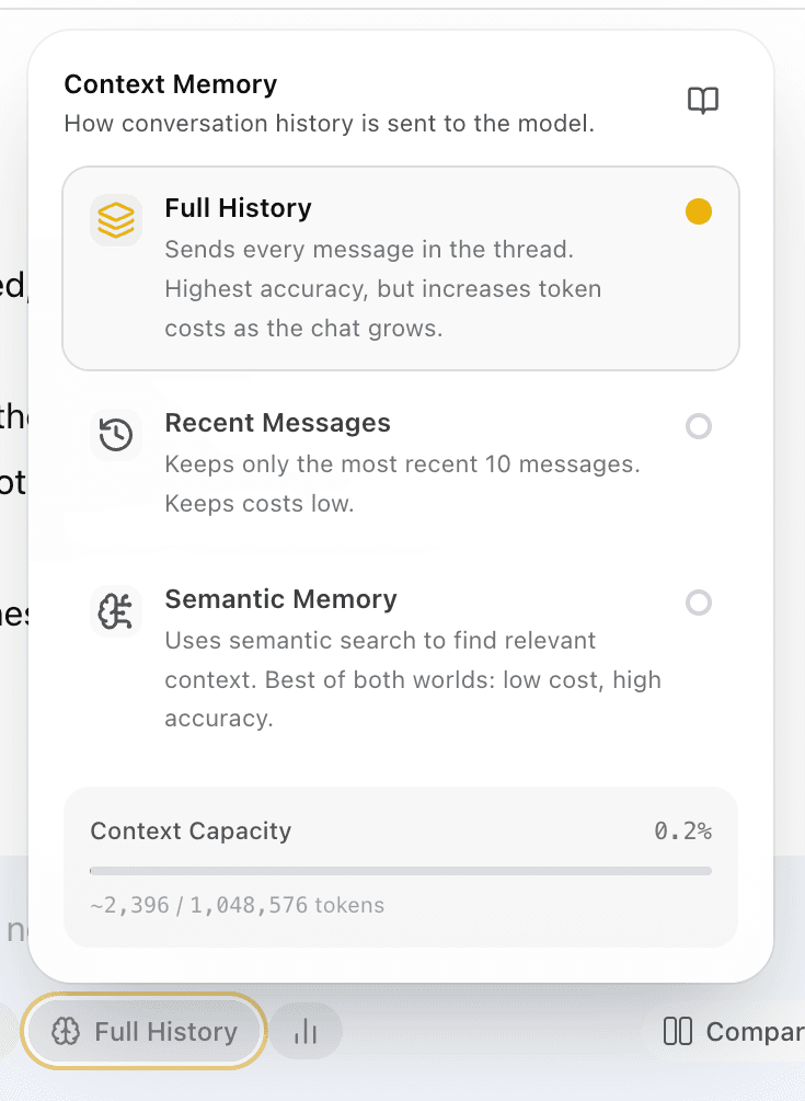 EidoStack Context Memory popover showing Full History selected.