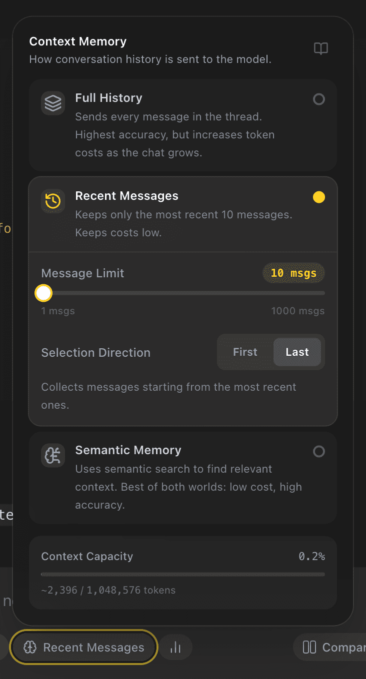 EidoStack Context Memory popover showing Recent Messages selected.