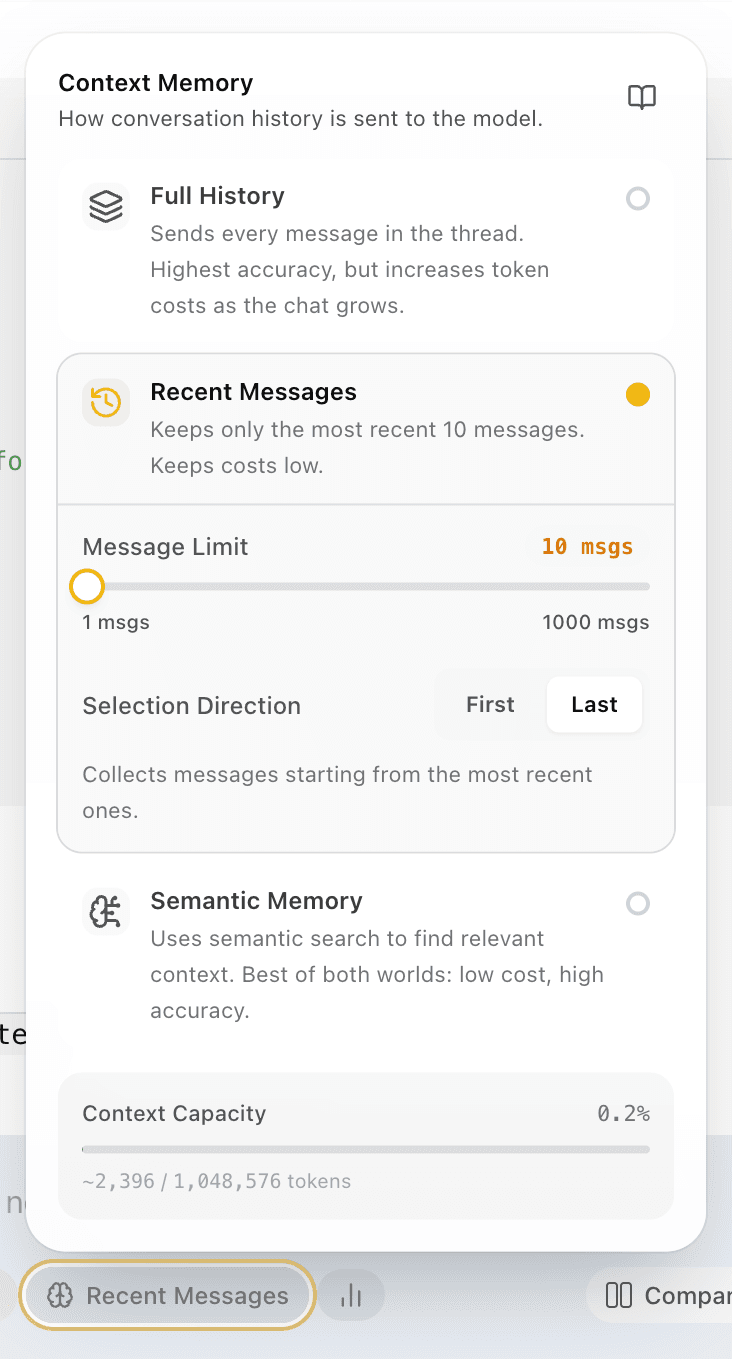 EidoStack Context Memory popover showing Recent Messages selected.