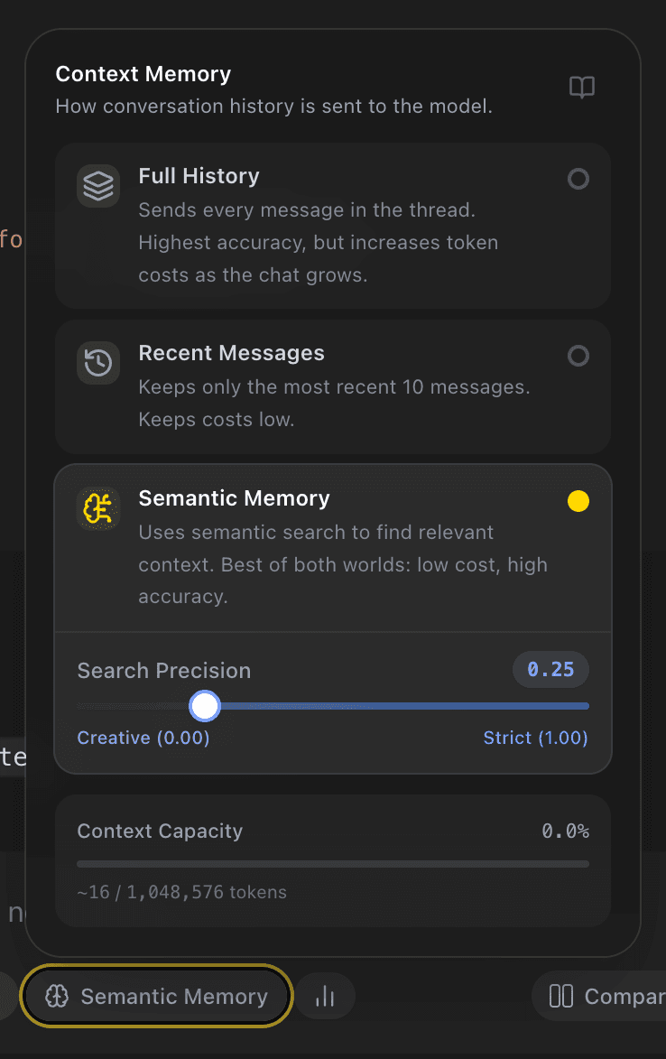 EidoStack Context Memory popover showing Semantic Memory selected.