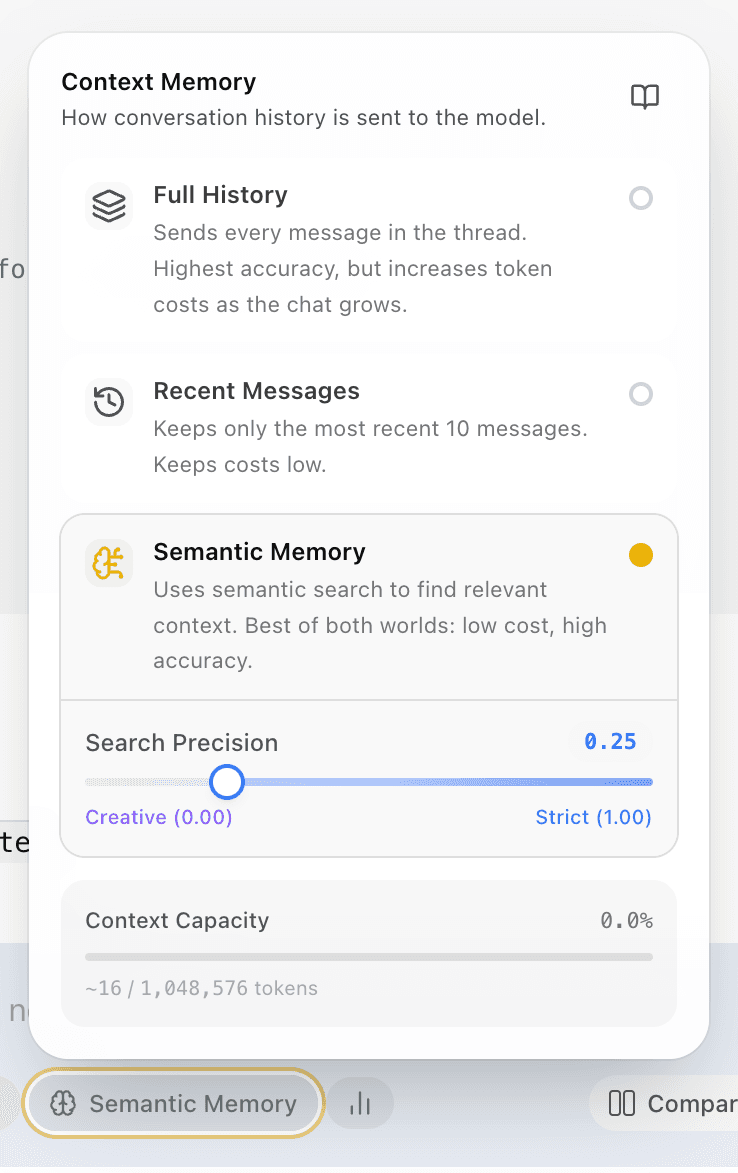 EidoStack Context Memory popover showing Semantic Memory selected.