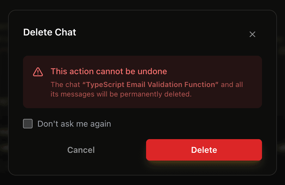 EidoStack delete chat confirmation dialog showing the selected chat and permanent deletion warning.