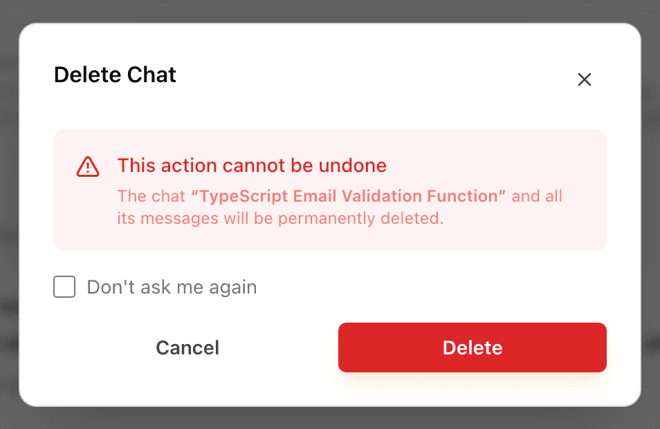 EidoStack delete chat confirmation dialog showing the selected chat and permanent deletion warning.