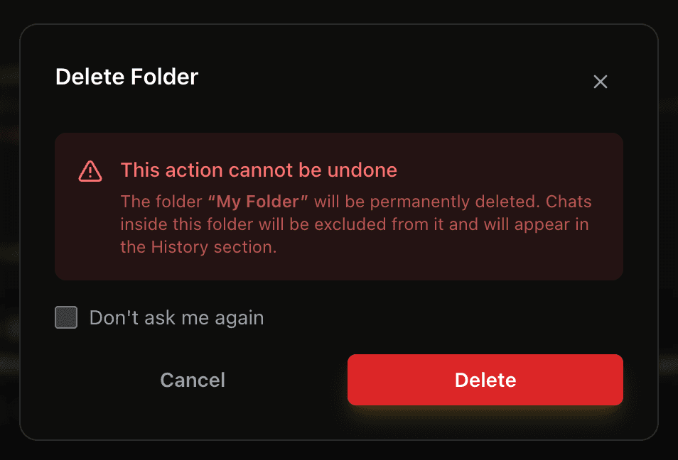 EidoStack delete folder confirmation dialog explaining that chats return to History.