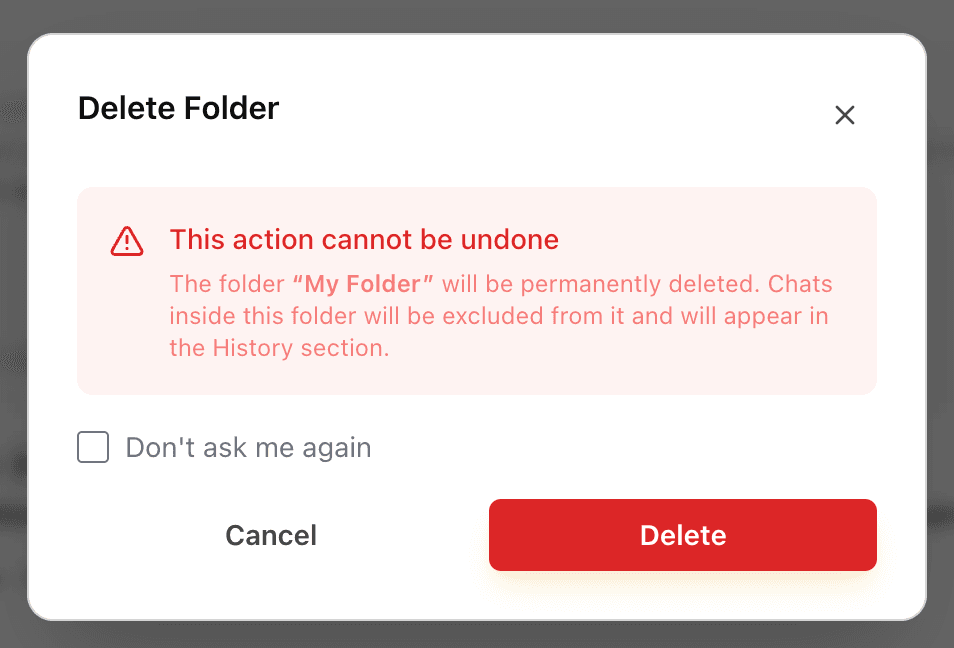 EidoStack delete folder confirmation dialog explaining that chats return to History.
