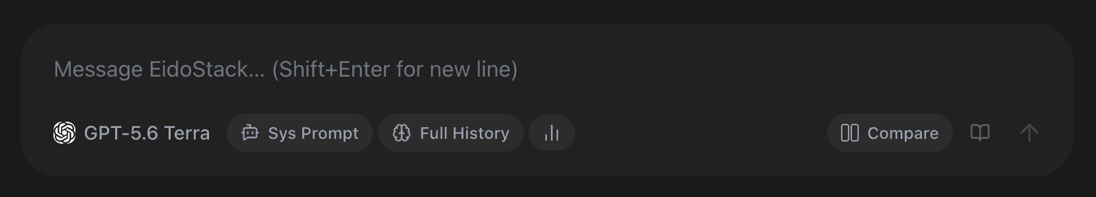 EidoStack prompt toolbar showing the model selector, system prompt, context memory, usage, comparison, and send controls.