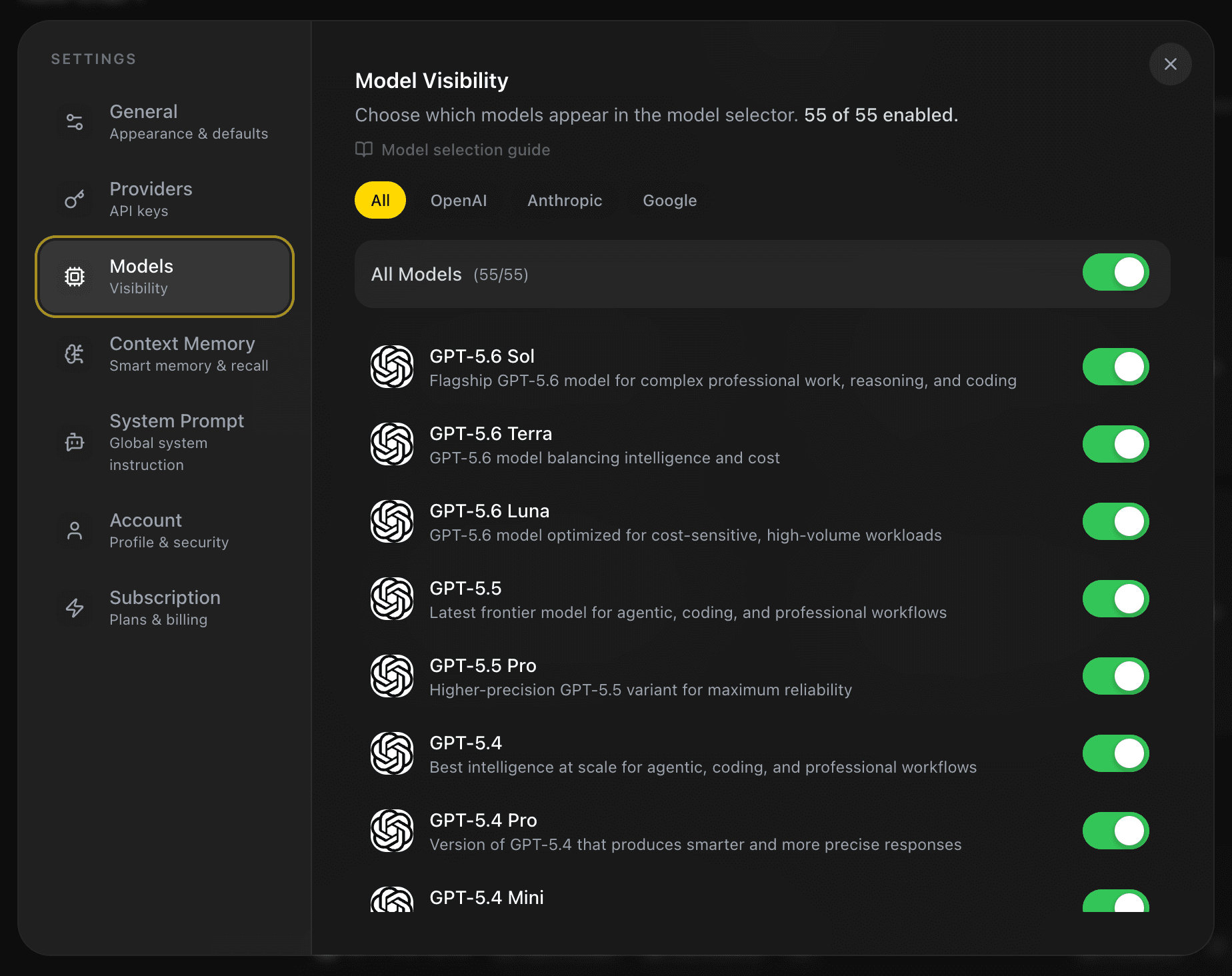 EidoStack Settings Models page showing the models enabled for the workspace.