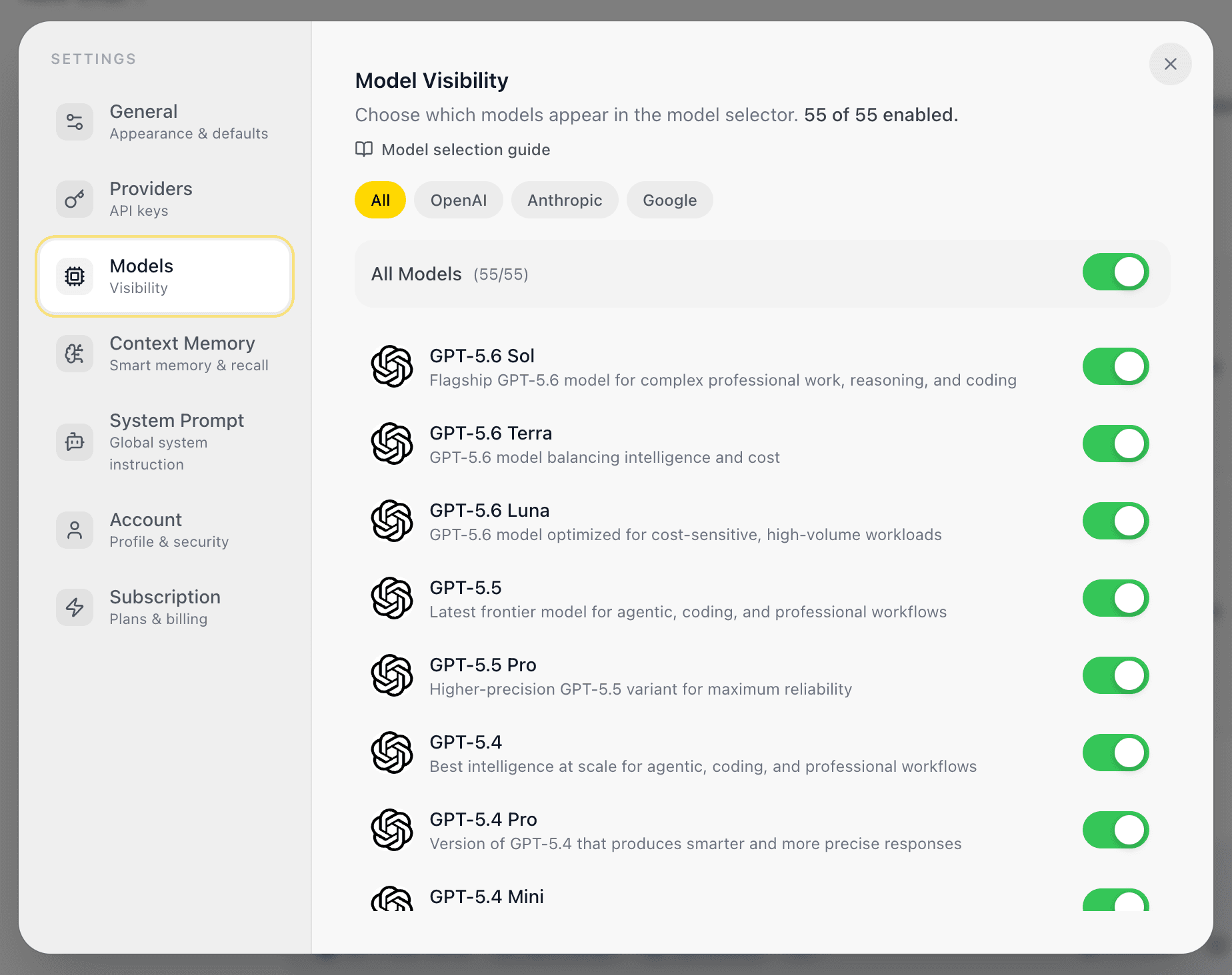 EidoStack Settings Models page showing the models enabled for the workspace.