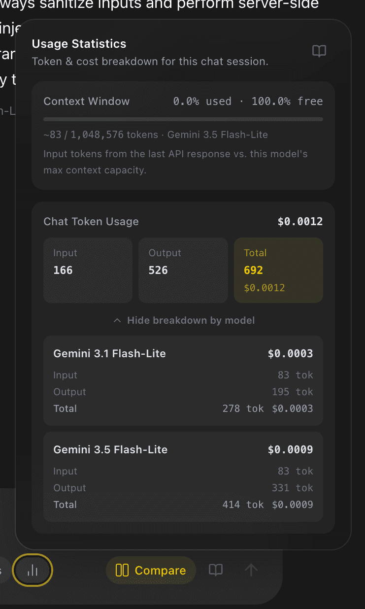 EidoStack usage statistics for comparison mode showing token and cost breakdowns by model.