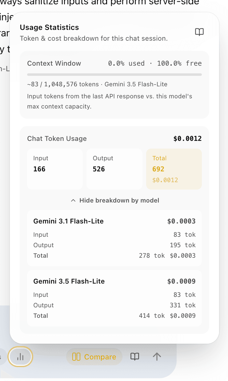 EidoStack usage statistics for comparison mode showing token and cost breakdowns by model.