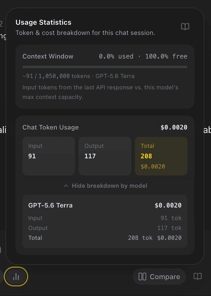 EidoStack usage statistics popover showing context, token, cost, and model usage details.