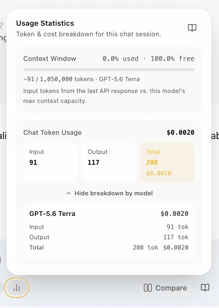EidoStack usage statistics popover showing context, token, cost, and model usage details.